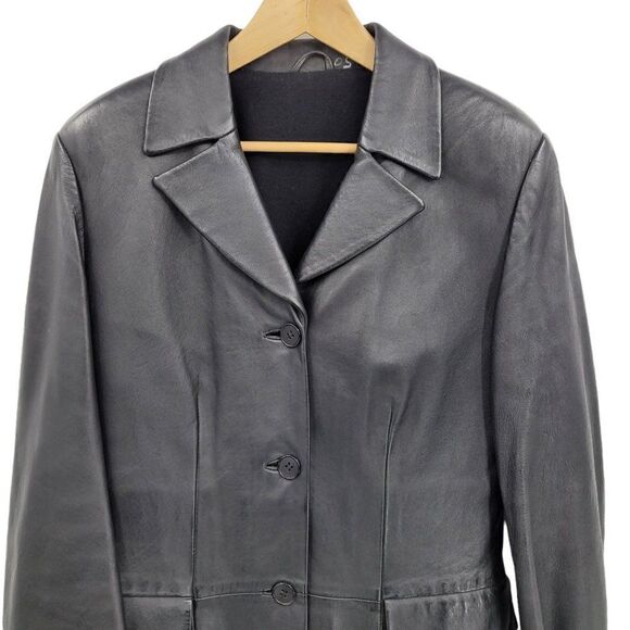 Vtg Trench Coat Faux Leather Wool Lined Longline Pockets Matrix Coplay Blk Sz S - Picture 6 of 11